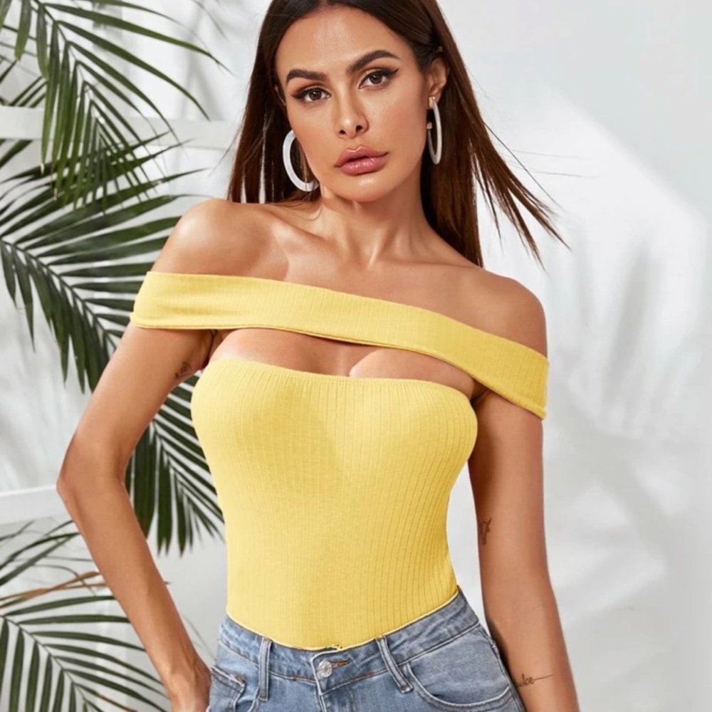 Shein Cut Out Front Rib-knit Off Shoulder Bodysuit